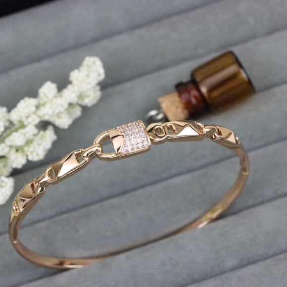 Elegant Rose Gold Bangle with Textured Links and Diamond Accents, XPBL0457 - Picture 11 of 12